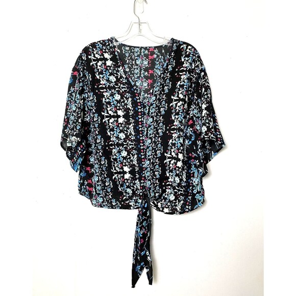 Farktop Women's Floral Blouse V Neck Tie Chiffon Shirt Size M Black Boho - Picture 1 of 11